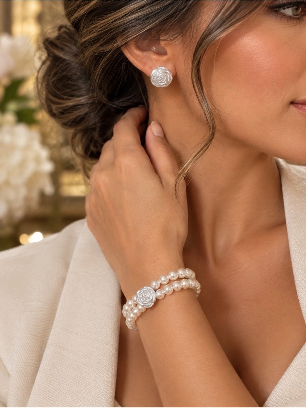 Rose Faux Pearl Bracelet and Stud Earrings Set - White